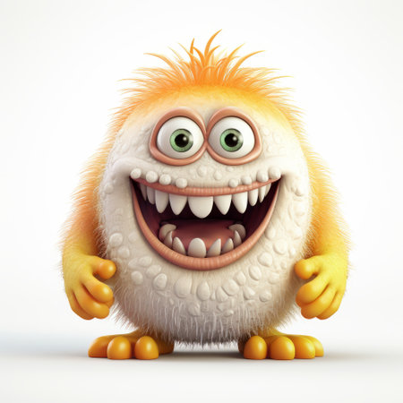 an orange and yellow fluffy monster, created in 3d illustration, is featured on a white background. the monster has a playful and whimsical design, resembling a character from vfxfriday. the use of lensbaby optics and vray tracing techniques adds a unique and realistic touch to the image. the color scheme is a combination of dark white and white, resulting in a visually appealing and smile-inducingの素材