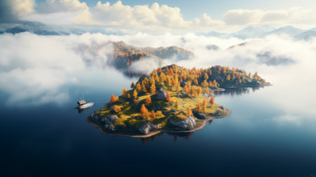 a stunning aerial view of a tree standing tall on a serene lake, with a boat peacefully resting on a nearby island. this national geographic photo, rendered in the style of unreal engine, captures the beauty of mountainous vistas. the warm color palette, featuring light indigo and amber tones, adds a touch of enchantment to this mesmerizing scene by filip hodas. ai generatedの素材