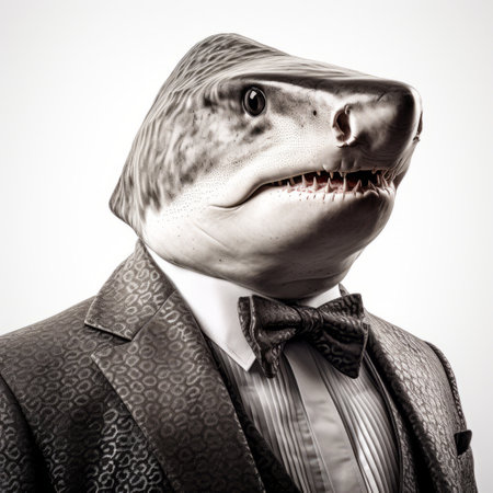 shark head suit captured in a vintage sepia-toned photograph, showcasing photorealistic compositions. this striking image, taken with a nikon d750, exudes an elegantly formal vibe with its stark black-and-white tones. the twisted characters within the photo add an intriguing element to thomas wrede's artistic vision. ai generatedの素材