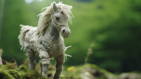 a paper pony, crafted with layered fibers, stands amidst the enchanting forest. this photorealistic masterpiece showcases intricate details and a soft sculpture style. captured with a steinheil quinon 55mm f/1.9 lens, the uhd image captures the pony's essence. the scene is beautifully messy, reminiscent of a captivating national geographic photo. ai generatedの素材