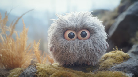 a tiny fuzzy animal, rendered in cinema4d, stands clumsily on a rock. the helsinki school's style is evident in the depiction of trapped emotions, with fine feather details and shiny eyes. the soft and dreamy atmosphere adds to the overall aesthetic of the photo. ai generatedの素材