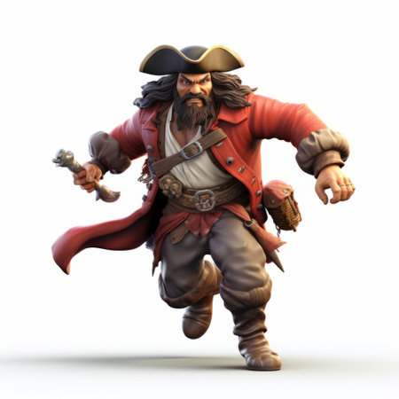 a playful character design of a pirate from the pirates of the caribbean video game. this 32k uhd image showcases energetic gestures and features a color palette of light red and bronze. the realistic hyper-detailed rendering brings out the satirical caricature of the 17th-century pirate. ai generatedの素材