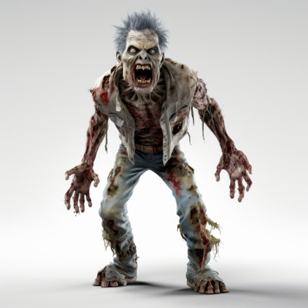 a 3d rendering of a zombie in jeans and a white shirt, showcasing intense movement expression. the artwork features a combination of light gray and bronze tones, with realistic lighting adding depth and dimension. inspired by the style of rob liefeld, this nightmarish creature embodies the essence of zombiecore, complete with detailed costumes. ai generatedの素材