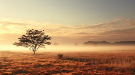 foggy morning at sunrise captured in a mesmerizing photograph by scarlett hooft graafland. the image showcases a dreamlike atmosphere with a blend of light brown and yellow tones. shot in 8k resolution, this uhd photo features vignetting effects, reminiscent of the vivid dreamscapes often seen in the works of iber camargo. ai generatedの素材