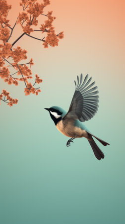 a bird gracefully soars through the air, surrounded by the vibrant hues of an orange tree. this realistic and hyper-detailed rendering captures the essence of the scene. the light cyan and light black tones blend with turquoise and beige, reminiscent of japanese photography. the intricate character design and free brushwork add depth to the image, while dark brown and light blue accents create a captivatingの素材
