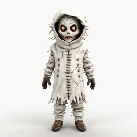 a 3d image of a skeleton kid, inspired by the style of jeff soto. the dark, white, and beige color palette creates an eerie atmosphere. the isolated figures stand out, resembling characters from the game frostpunk. the stylish costume design adds to the twisted sense of humor, while the toy-like proportions give it a unique appeal. ai generatedの素材