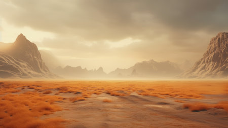 an imaginary terrain from a computer program showcasing brown grass and rocks, with a misty atmosphere reminiscent of unreal engine 5. captured in the style of redscale film, this stunning image portrays desolate landscapes and light-filled alien worlds. prepare to be amazed by the breathtaking beauty of this scene. ai generatedの素材