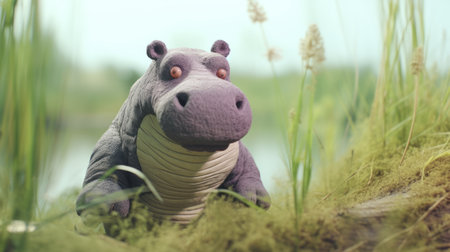 the hippo illustration, in the style of daz3d, showcases a whimsical wilderness with shallow depth of field. this animal animation, rendered in cinema4d, features a plush doll art inspired hippo. downloadable and rigged, this vibrant violet and green photo was captured with a nikon d750. ai generatedの素材