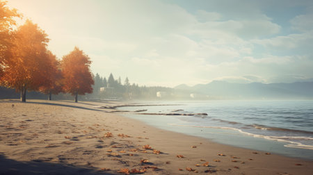 a beach scene featuring trees near the water, with a stunning sunrise as the backdrop. this picturesque image captures the essence of a playstation 5 screenshot, showcasing the unique style of vancouver school. the color palette consists of light gray and amber, evoking a sense of timeless nostalgia. the soft atmospheric perspective adds depth, while the highly detailed elements create a captivating weathercore aesthetic. aiの素材