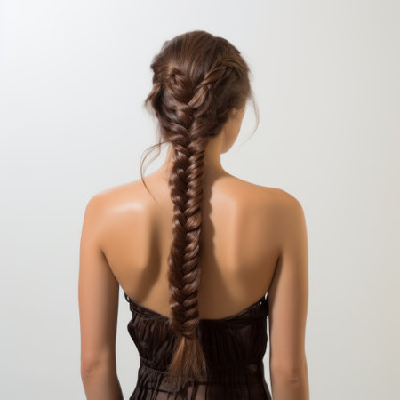 the back of a woman with braided hair, showcasing a meticulous technique in a dark brown style. this high definition, uhd image captures the simplicity and elegance of the troubadour style, reminiscent of the works of artist do ho suh. ai generatedの素材