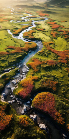 aerial photography captures the stunning russian countryside, specifically the navichev region. the photo showcases organic flowing forms, bold contrast, and textural play. shot with a zeiss batis 18mm f2.8 lens, the image highlights the beauty of norwegian nature with its vibrant green and amber hues. this nature-inspired imagery portrays romantic riverscapes and mesmerizing landscapes. ai generatedの素材