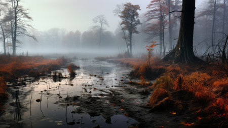 the misty mist envelops the trees in this captivating national geographic photo. reminiscent of romantic riverscapes, the dutch landscape is adorned with trees in shades of dark brown and orange. the image, captured with a hasselblad h6d-400c, showcases a stunning contrast between light cyan and red hues, creating a mesmerizing and ultra-high-definition visual experience. ai generatedの素材