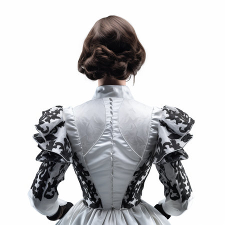 a young woman wearing a long and elegant dress in a futuristic victorian style. the dress is dark silver and white, creating sharp contrasts against the white background. the overall look is eccentric, with a touch of knightcore. this photo holds historical significance, showcasing a unique blend of past and future aesthetics. ai generatedの素材