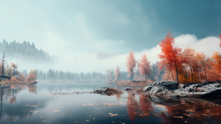 autumn waterfalls cascade through a serene forest, their reflection shimmering on the calm water. the sky above is a blend of light cyan and red, adding to the atmospheric and moody feel of the landscape. this stunning image, reminiscent of the works of theodor kittelsen and ebru sidar, captures the essence of traditional chinese landscapes with its misty and ethereal beauty. ai generatedの素材