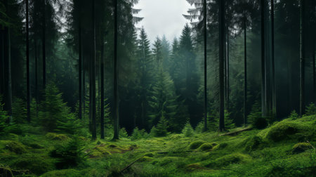 a green forest wallpaper featuring atmospheric and moody landscapes. this uhd image captures the beauty of a post-apocalyptic wilderness with swiss realism. shot with a canon eos 5d mark iv and sony alpha a7 iii, this wallpaper brings the serenity of a green forest to your device. ai generatedの素材