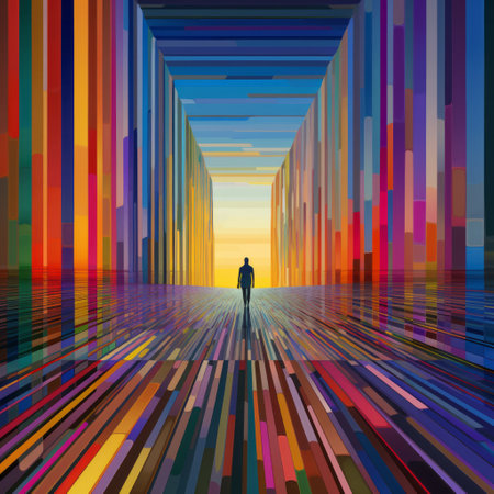 an illustrative illustration of someone walking through a colorful tunnel art, featuring digital artwork with pixel art elements. this digital illustration, inspired by the style of high horizon lines, showcases metallic rectangles and abstract designs. created by a visual artist, it draws inspiration from psychological phenomena illustrations and artists like martin rak, yaacov agam, and serene landscapism, resulting in spectacular backdrops. ai generatedの素材