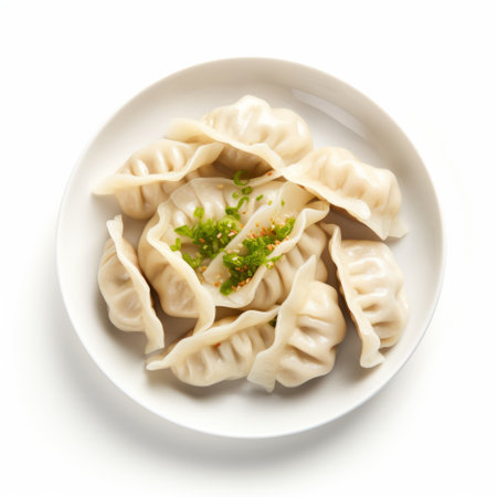 dumplings arranged on a white plate, garnished with chopped parsley and herbs. this shin hanga-style photograph captures the essence of the dish with its low resolution, layered translucency, and aerial view. the high-resolution image beautifully showcases the hallyu-inspired presentation of the dumplings. ai generatedの素材