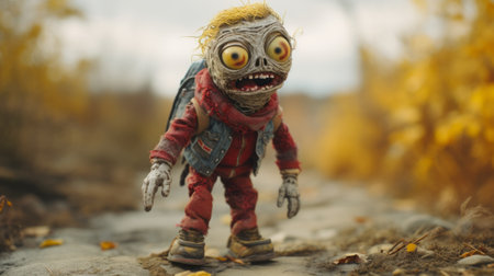 the zombie, with a wandering eye, strolls through a picturesque autumn field. this toy-like sculpture, created with highly detailed illustrations, captures the gritty urban realism. shot with a nikon af600 and rendered with vray, this adorable yet eerie image merges the keywords of toy-like proportions, adorable toy sculptures, gritty urban realism, highly detailed illustrations, and wandering eye. ai generatedの素材