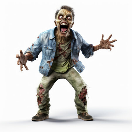 a male zombie, depicted in a 3d concept illustration, is seen wearing a grey and black outfit. the illustration is done in an exuberant style reminiscent of national geographic photos. the image features a color palette of light green and light brown, captured using a zeiss milvus 25mm f/1.4 ze lens. softbox lighting enhances the details, while the suburban setting adds a sense of ennui.の素材