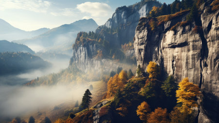 the photo showcases a stunning autumn scene with a canyon and trees enveloped in fog and mist. the image captures the essence of slovenian paintings and is rendered in the style of cryengine, resulting in a high-definition, nature-inspired installation. the atmospheric ambiance and romantic dramatic landscapes evoke a sense of cabincore aesthetics. ai generatedの素材