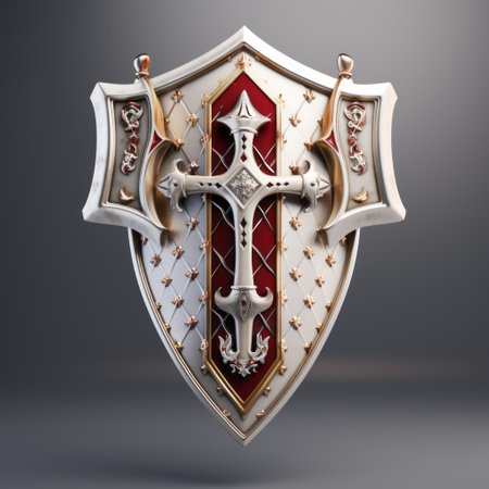 a 3d rendered image featuring a meticulously designed helmet, shield, and cross in the style of dark white and light crimson. this decorative relief artwork showcases the influence of international gothic art, with strong use of color. created by the talented artist mark keathley, this piece exhibits intricate details and a captivating design. ai generatedの素材