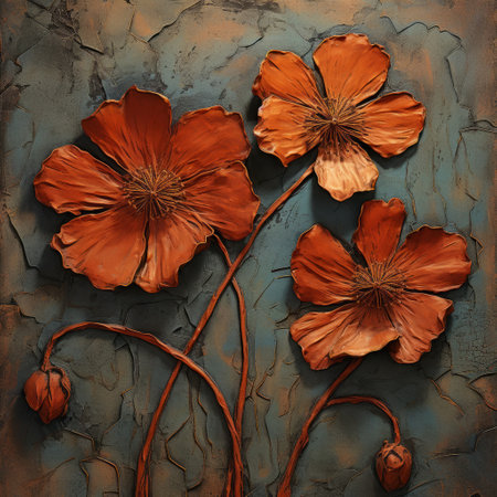 three bold impasto-style flowers in dark orange and dark aquamarine colors adorn a brown wall. the figuratively textured, romantic fantasy painting showcases a hard edge technique, creating a visually striking composition. this captivating artwork, with its organic sculpting, can be found on flickr. ai generatedの素材