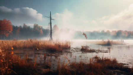 fall leaves float on a foggy river in the countryside, creating a mesmerizing scene. the image, reminiscent of dariusz klimczak's style, captures the essence of post-apocalyptic landscapes. the explosive wildlife and eerily realistic details add to the overall ambiance. dusty piles of leaves enhance the dreamy landscapes, making it a captivating visual experience. ai generatedの素材
