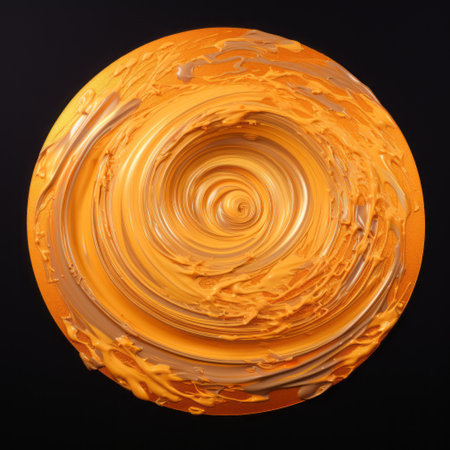 circular orange texture on a black background featuring intricate spiral patterns. this hyper-realistic oil artwork showcases organic sculpting techniques inspired by the works of daniel arsham. the vibrant colors reminiscent of kodak gold film are enhanced through post-processing, resulting in a visually striking piece. the combination of action painting and hard-edge painting adds depth and texture to the composition. ai generatedの素材
