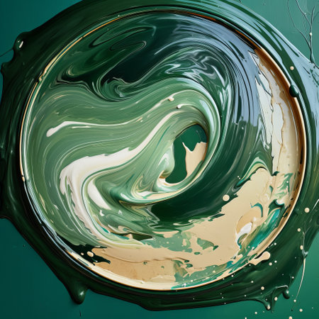 oil paint on glass texture, blown by irina djyazdikova, showcases spiral vortex patterns in emerald and beige. this fluid photography captures texture-rich compositions with circular shapes, inspired by nature. the artwork exudes fluid simplicity, merging the beauty of oil paint and the mesmerizing qualities of glass. ai generatedの素材