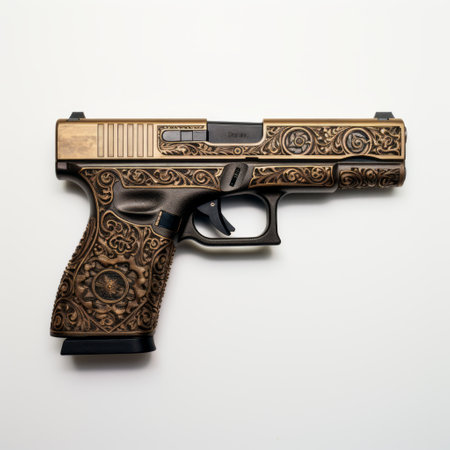 a brown and brown ornamented gun with ivory textured paint, showcasing the artistic influences of liam wong, alex grey, kodak gold 200, and danh v. this unique piece features intricate floral patterns, unpolished authenticity, and a texture-rich design. ai generatedの素材