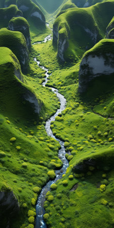 a river gracefully winds its way through the picturesque hills of a whimsical wilderness landscape. the scene, captured in the style of terragen, showcases a harmonious blend of light black and green hues. this stunning associated press and national geographic photo exudes a pastoral charm, transporting viewers to an isometric world of natural beauty. ai generatedの素材