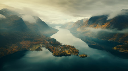 aerial photo of a captivatingly atmospheric lake surrounded by majestic mountains, showcasing the essence of norwegian nature. the soft cyan and amber tones create a mesmerizing and tranquil atmosphere, reminiscent of traditional british landscapes. this national geographic-worthy image beautifully captures the allure of nature and the breathtaking beauty of the scenery. ai generatedの素材