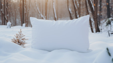 a white pillow sits atop a snowy landscape in the forest, showcasing vray tracing. the functional and light beige pillow adds a touch of creativity to the scene. this multi-layered, 32k uhd backlit photograph is available under the creative commons attribution license. ai generatedの素材