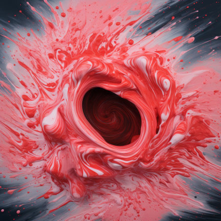 an abstract red design featuring swirling air and splashing liquid, rendered in the surrealistic horror painter style of cinema4d. this hyper-realistic illustration showcases elements of spherical sculptures and dark cyan and pink hues. with its hyperrealistic precision and surrealistic grotesque elements, this artwork captivates the viewer's imagination. ai generatedの素材