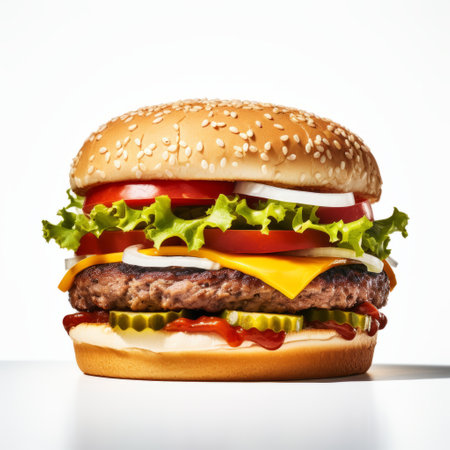 a hamburger for the food industry, captured with a nikon d750 camera, showcases bold structural designs and minimal retouching. the photo, taken with kodak portra film, features high-key lighting that emphasizes the functionality of the burger. with its 32k uhd resolution, this image is a visually striking representation of the culinary world. ai generatedの素材
