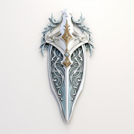 white and gold sword 3d models showcased on a white background, resembling opulent wall hangings. these artgerm-inspired creations exude a realistic fantasy vibe, with their light silver and light cyan hues. the intricate dragon art adds a touch of heroism, while the relief design enhances their overall appeal. ai generatedの素材