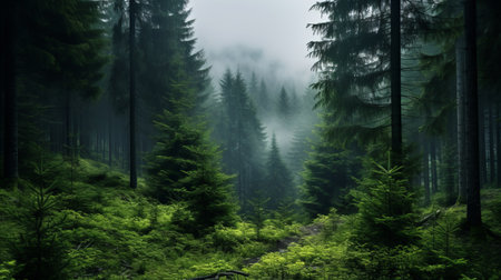 a mesmerizing forest enveloped in a mystical foggy mist. the lush green trees stand tall amidst the ethereal cloud, creating a captivating scene. a majestic waterfall adds to the enchantment of this national geographic-style photo, captured by the talented karl kopinski. the high dynamic range enhances the depth and beauty of this breathtaking natural landscape. ai generatedの素材