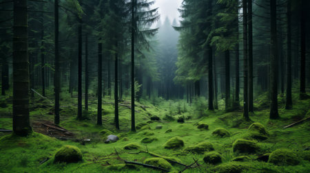 a mesmerizing forest scene with towering trees and lush grass, exuding an ethereal and otherworldly atmosphere. this captivating photograph showcases the grandiose landscapes of sumatra, beautifully captured through focus stacking techniques. the earthy palettes and eerily realistic details make it a truly remarkable and awe-inspiring image, reminiscent of the stunning visuals often seen in national geographic. ai generatedの素材