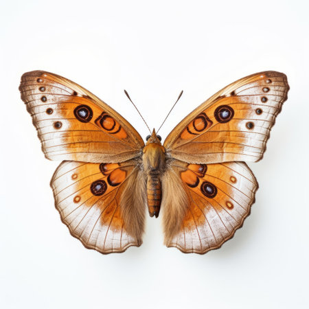 butterfly on white background, macro shot. postmodern appropriation of found objects. dark orange and light brown colors. national geographic photo. nature-inspired pieces on flickr. symmetrical designs and hyperrealistic murals. ai generatedの素材