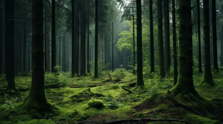 the misty forest showcases tall trees covered in moss and lichens, creating a captivating scene. captured with a hasselblad h6d-400c, this national geographic photo on flickr features a realistic and detailed rendering. the dark green and dark emerald hues add to the enchanting atmosphere. the photographer's skill is evident in the impressive panoramas and the unique inclusion of bentwood. ai generatedの素材