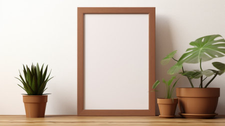 empty frame with plants and a white wall in front. this 3d rendered stock photograph captures the essence of japanese woodblock-inspired prints. the dark orange and brown tones create a naturalistic plein air painting feel. shot with a canon af35m, this tabletop photography showcases a clean-lined composition with a touch of light pink and brown. ai generatedの素材