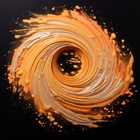 orange splash paint on a black background, depicted in a 3d illustration. the artwork showcases a spiral group style with organic forms, featuring light beige and yellow hues. the painting exhibits spray painted realism, vibrant colors reminiscent of a moebius, and brushstrokes reminiscent of jewelry created by painters and sculptors. ai generatedの素材