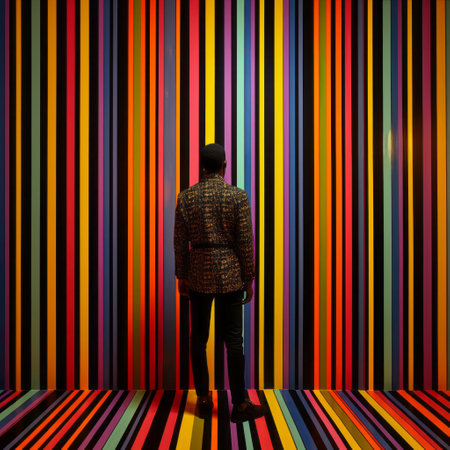 a man in a suit stands in front of a vibrant and colorful painting, reminiscent of op art illusions. the painting features bold color stripes and is an installation art piece. this national geographic photo captures the essence of indonesian art with its dark colors and contemporary candy-coated aesthetic. ai generatedの素材