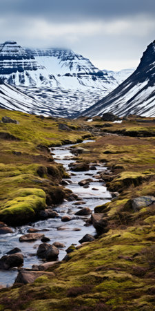 a flowing river captured in a photograph, showcasing vibrant saturated colors reminiscent of even mehl amundsen's style. the detailed background elements include mountainous vistas, adding depth to the image. shot with a carl zeiss distagon t 15mm f/2.8 ze lens, the photo exhibits brushstroke-like fields, reminiscent of the works of olive cotton. ai generatedの素材
