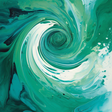 an abstract painting featuring swirling turquoise and white liquid, reminiscent of dark green and light green hues. the artwork exudes an ominous vibe with vibrant acrylic colors. the spiral group creates a mesmerizing effect against the bright backgrounds. nature-inspired imagery is depicted through small brushstrokes. ai generatedの素材