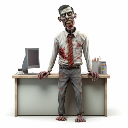 a zombie, wearing business attire, stands in front of a desk in a chilling and eerie setting. the image captures the essence of teethcore and orderly arrangements, with a touch of cad computer aided design. the fisheye lens adds a unique perspective to this scene, reminiscent of the chilling creatures often depicted in horror movies. john bolton would be intrigued by this captivating and unconventionalの素材
