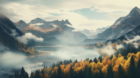 a stunning 8k resolution photo captures a serene lake surrounded by majestic mountains. the atmospheric woodland imagery showcases a misty atmosphere, with intricate landscapes and mind-bending patterns. the color palette features shades of gray and amber, complemented by light teal and maroon tones. ai generatedの素材
