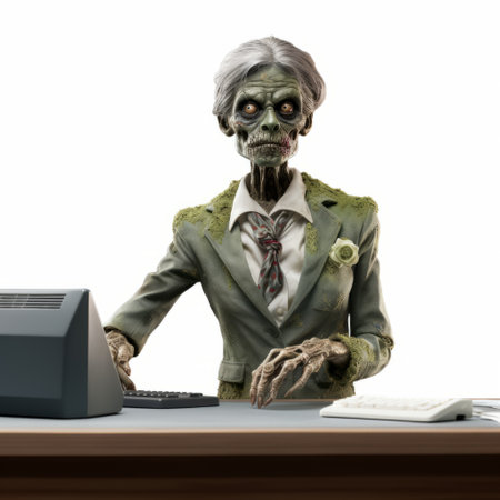 a zombie, dressed in a suit, sits near a desk in a grandparentcore-inspired setting. the design style is technological, precise, and lifelike, captured in high resolution. this thought-provoking image serves as political and social commentary, reminiscent of barthel bruyn the elder's work. its eye-catching composition demands attention. ai generatedの素材