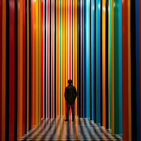 an artist stands in front of a vibrant art installation featuring saturated stripes, showcasing the conceptual minimalism style. the installation creates a strong contrast between light and dark, capturing the viewer's attention. the photograph was taken using a goerz hypergon 65mm f8 lens, highlighting the intricate details of the diorama-like passage. the richly colored artwork adds depth and visual appeal to the composition. ai generatedの素材