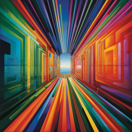 a color abstract artwork featuring a futuristic landscape with fading colors blending into each other. the artwork showcases a hyper-detailed depiction of horizons and vibrant skylines, creating a bold chromaticity. the style of linear perspective adds depth and a sense of passage to the composition. ai generatedの素材